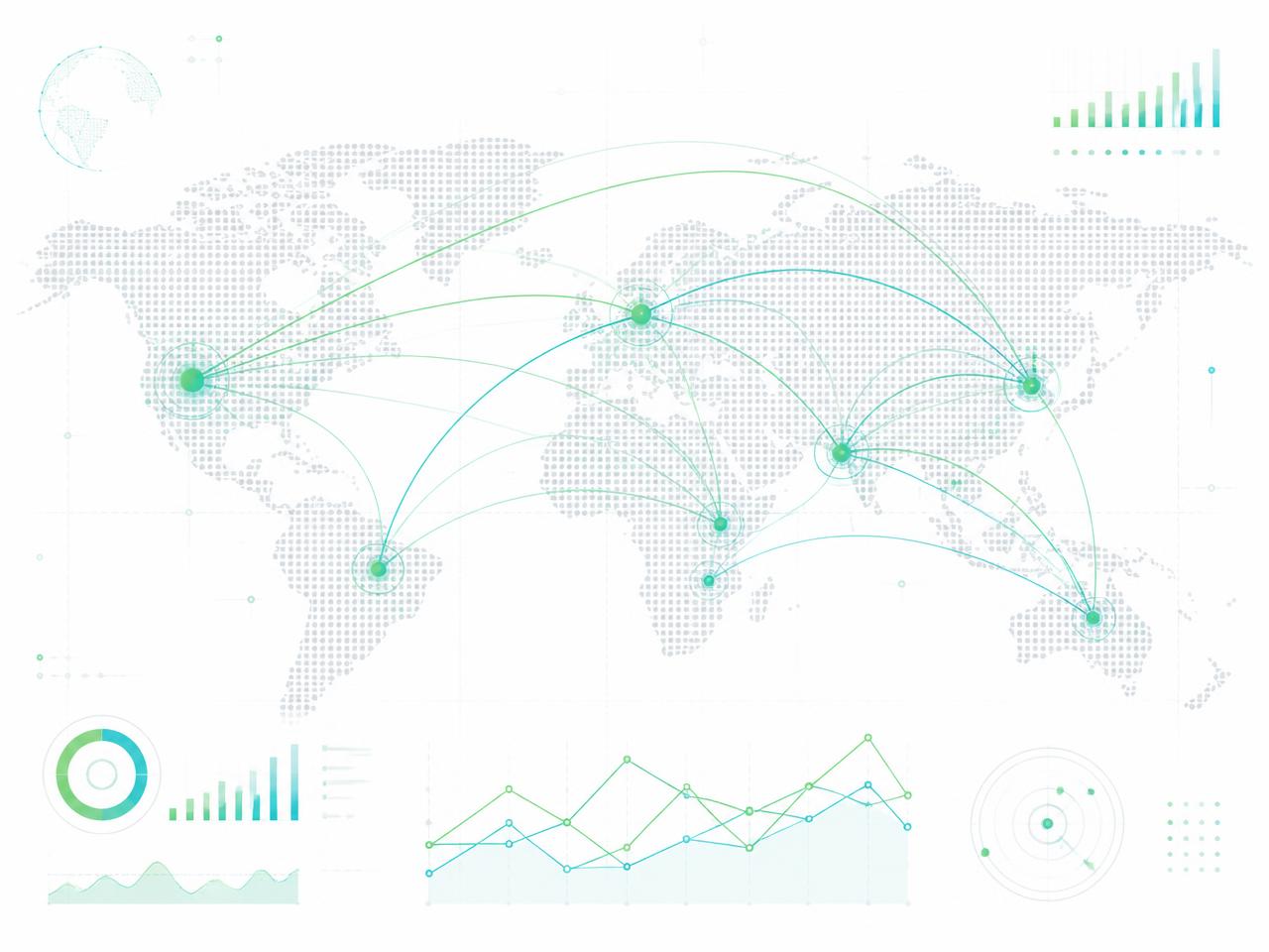 Abstract global venture capital data map with capital-flow arcs between continents and funding trend charts