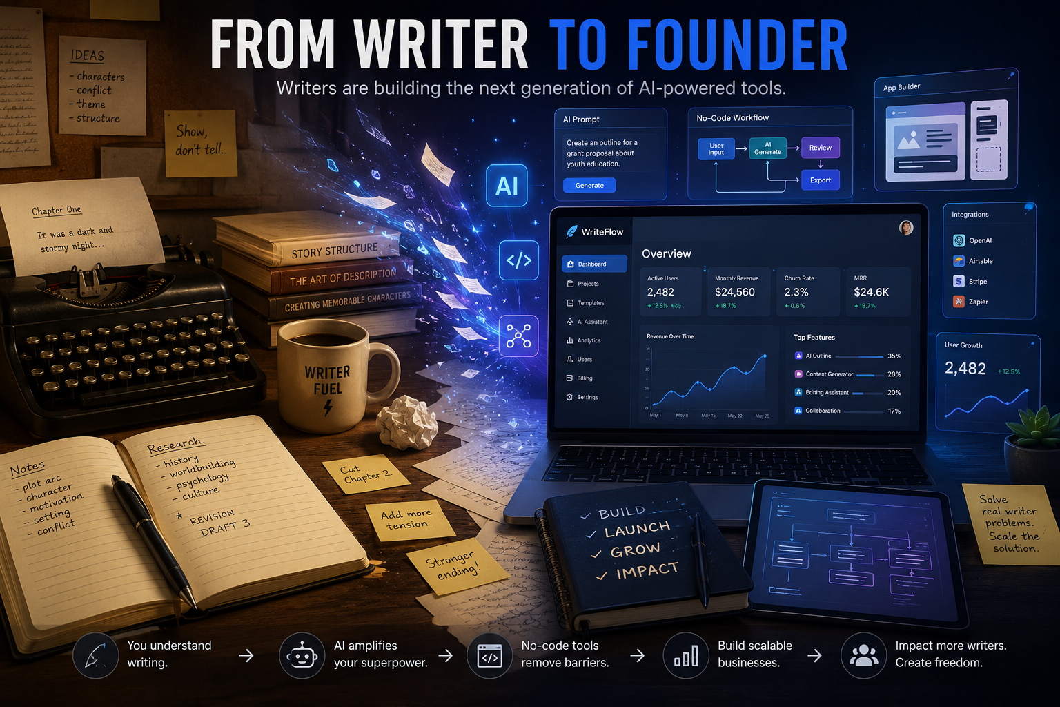 From Writer to Founder: a writer's desk with a typewriter, notebooks and coffee mug labeled 'Writer Fuel' transitioning into glowing AI dashboards, no-code workflow diagrams, and a SaaS analytics screen, illustrating how writers are building the next generation of AI-powered tools.