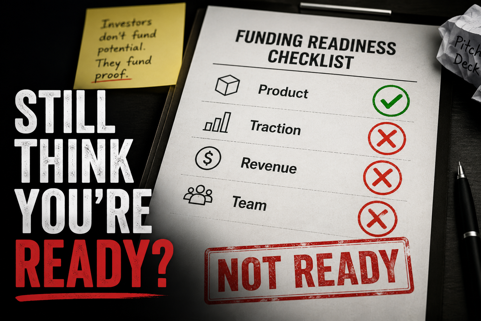 Funding readiness checklist showing Product checked, but Traction, Revenue and Team marked Not Ready, with a red 'NOT READY' stamp and a sticky note reading 'Investors don't fund potential. They fund proof.'