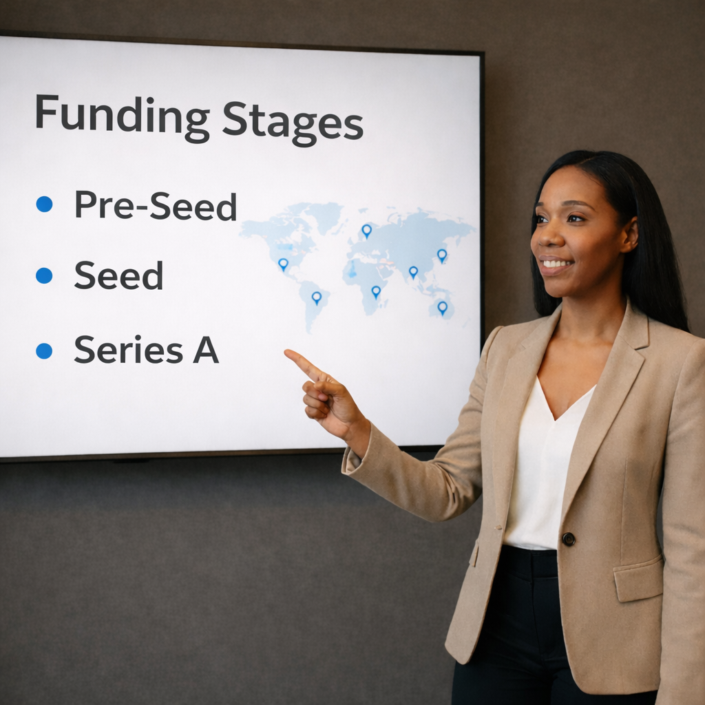 Business professional presenting funding stages from pre-seed to Series A with global VC map